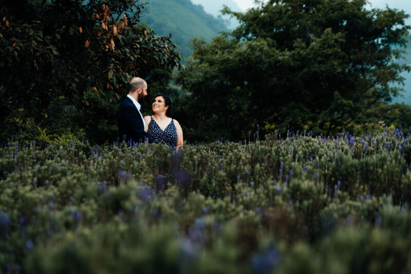 Beso de pareja en jardín del lavanda